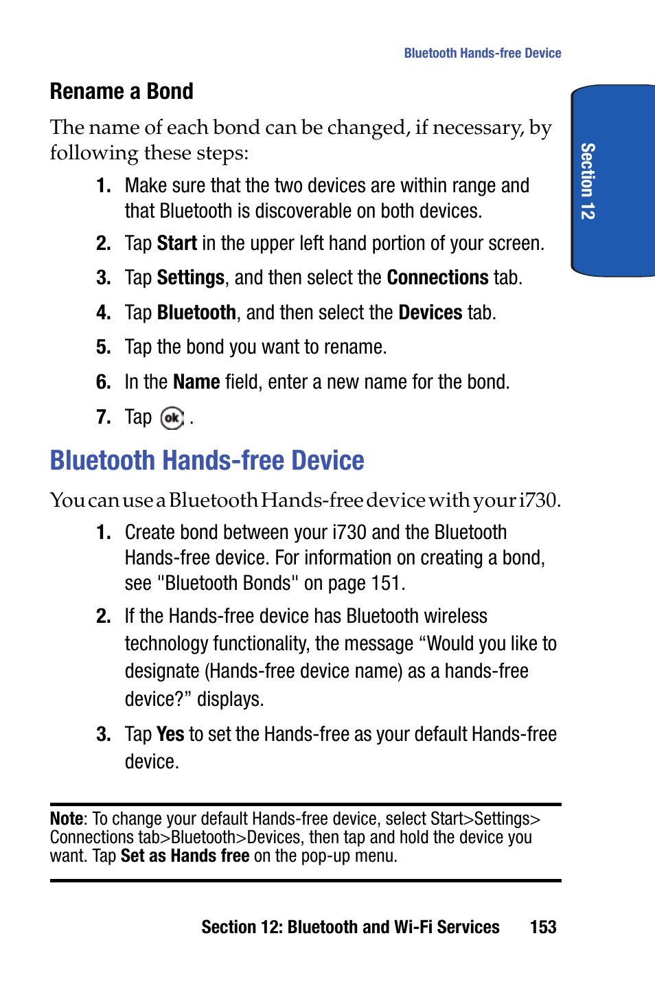 Bluetooth hands-free device | Samsung SCH-i730 User Manual | Page 153 / 220