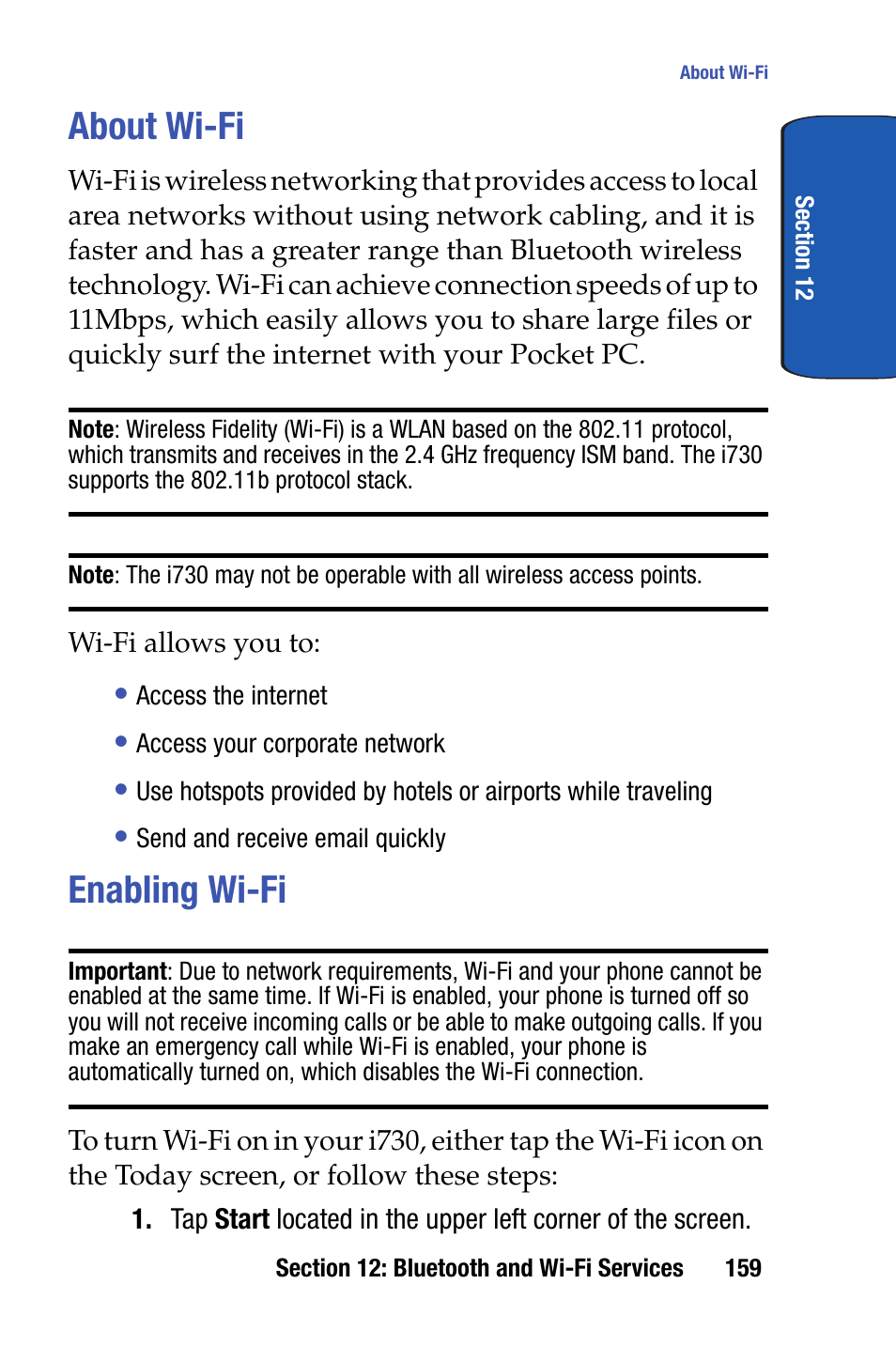About wi-fi, Enabling wi-fi, About wi-fi enabling wi-fi | Samsung SCH-i730 User Manual | Page 159 / 220