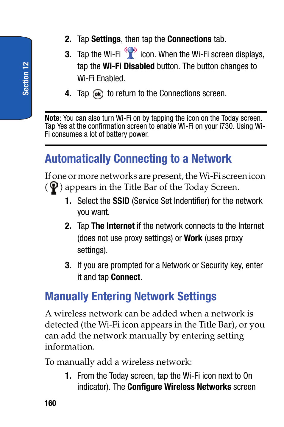 Automatically connecting to a network, Manually entering network settings | Samsung SCH-i730 User Manual | Page 160 / 220