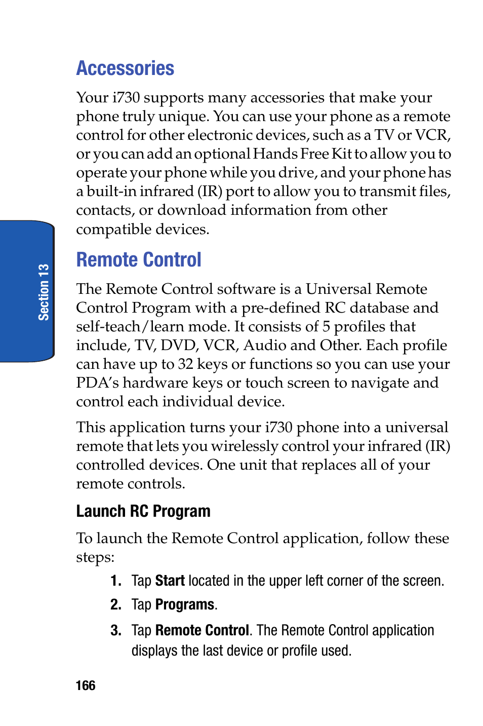 Accessories, Remote control, Accessories remote control | Samsung SCH-i730 User Manual | Page 166 / 220