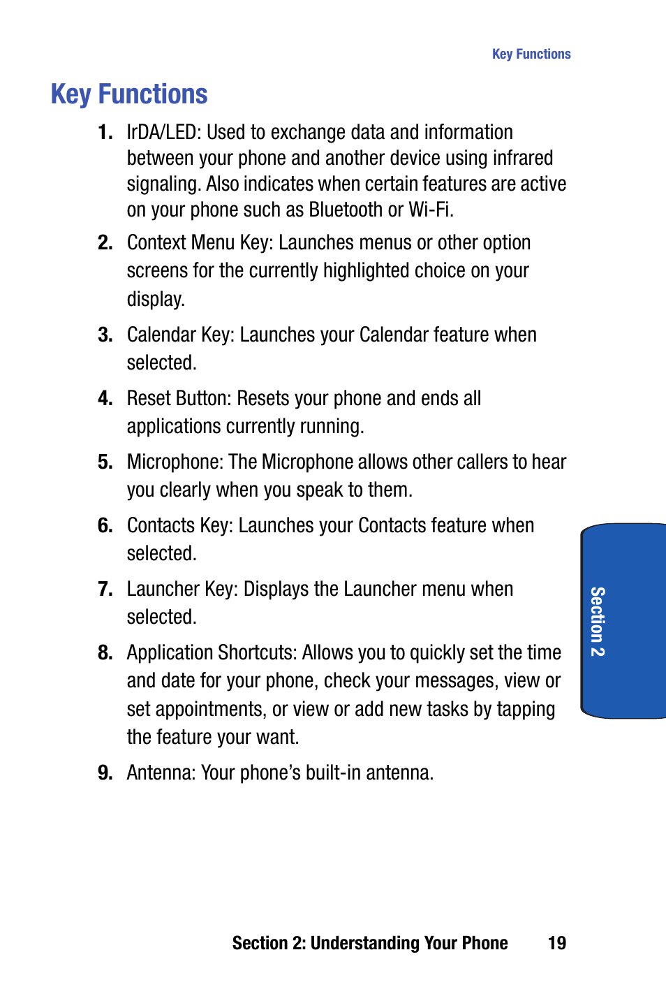 Key functions | Samsung SCH-i730 User Manual | Page 19 / 220