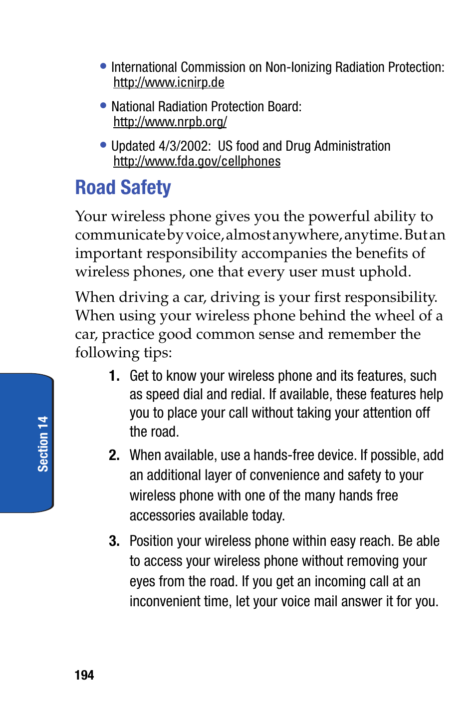 Road safety | Samsung SCH-i730 User Manual | Page 194 / 220