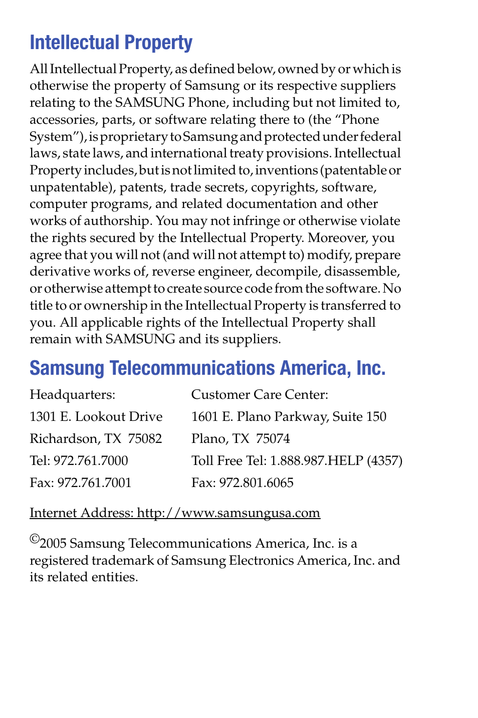 Intellectual property, Samsung telecommunications america, inc | Samsung SCH-i730 User Manual | Page 2 / 220