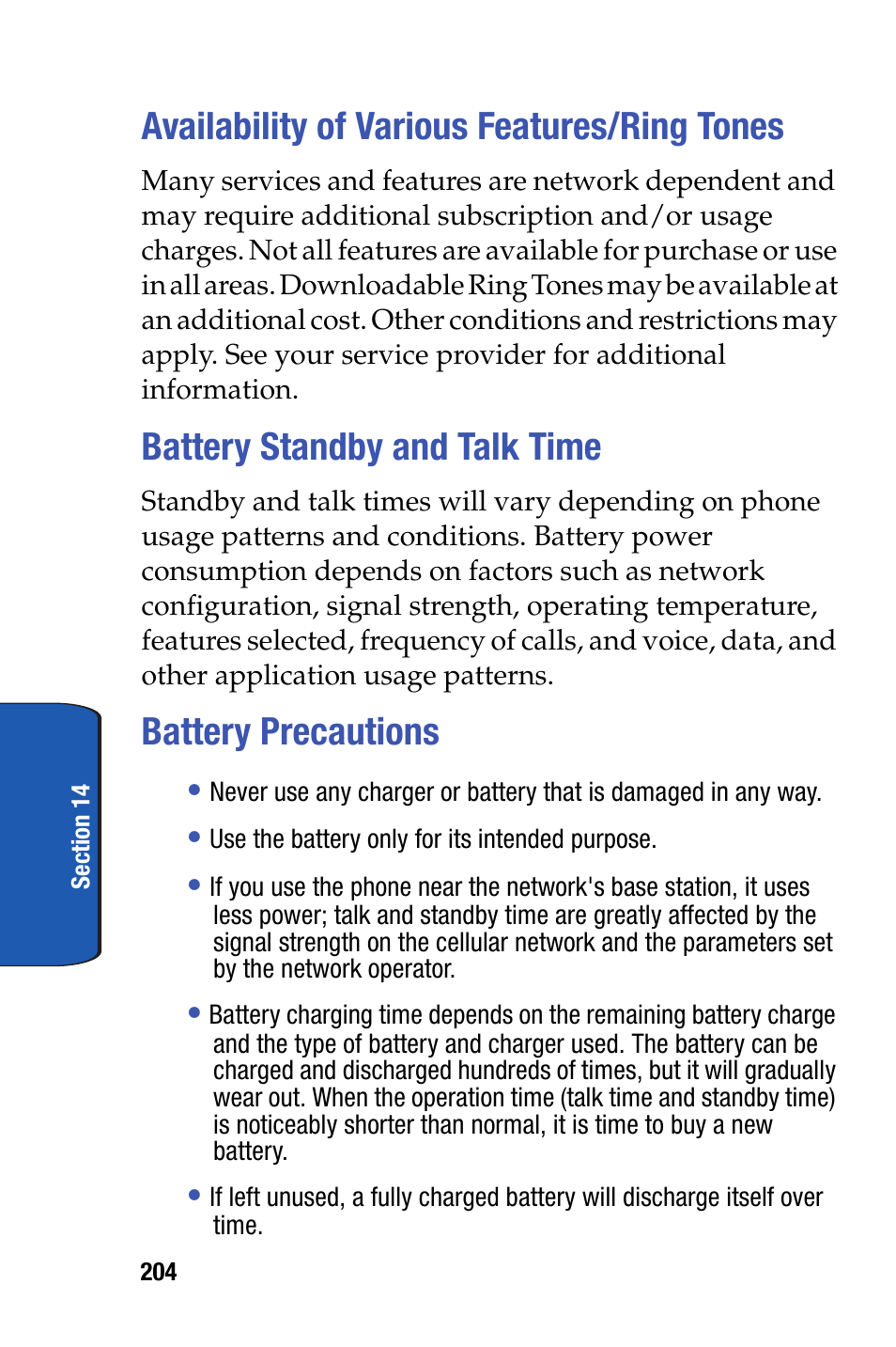 Availability of various features/ring tones, Battery standby and talk time, Battery precautions | Samsung SCH-i730 User Manual | Page 204 / 220
