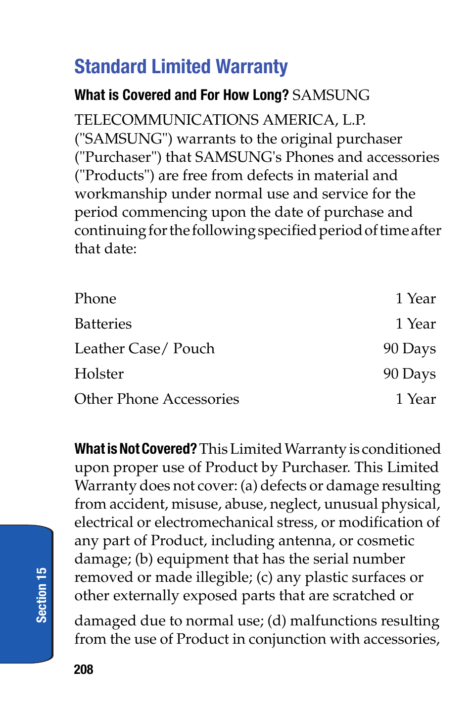 Standard limited warranty | Samsung SCH-i730 User Manual | Page 208 / 220