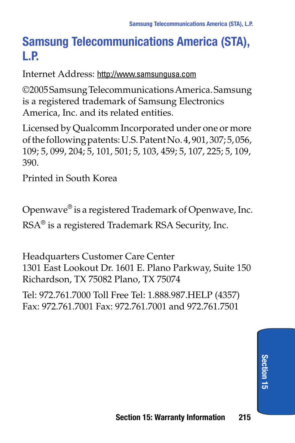 Samsung telecommunications america (sta), l.p | Samsung SCH-i730 User Manual | Page 215 / 220