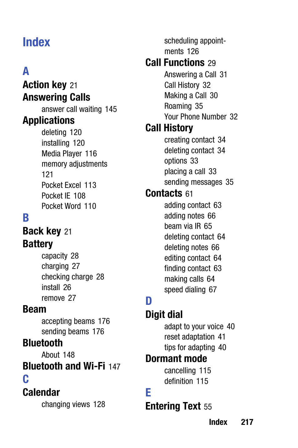 Index, Index 217 | Samsung SCH-i730 User Manual | Page 217 / 220