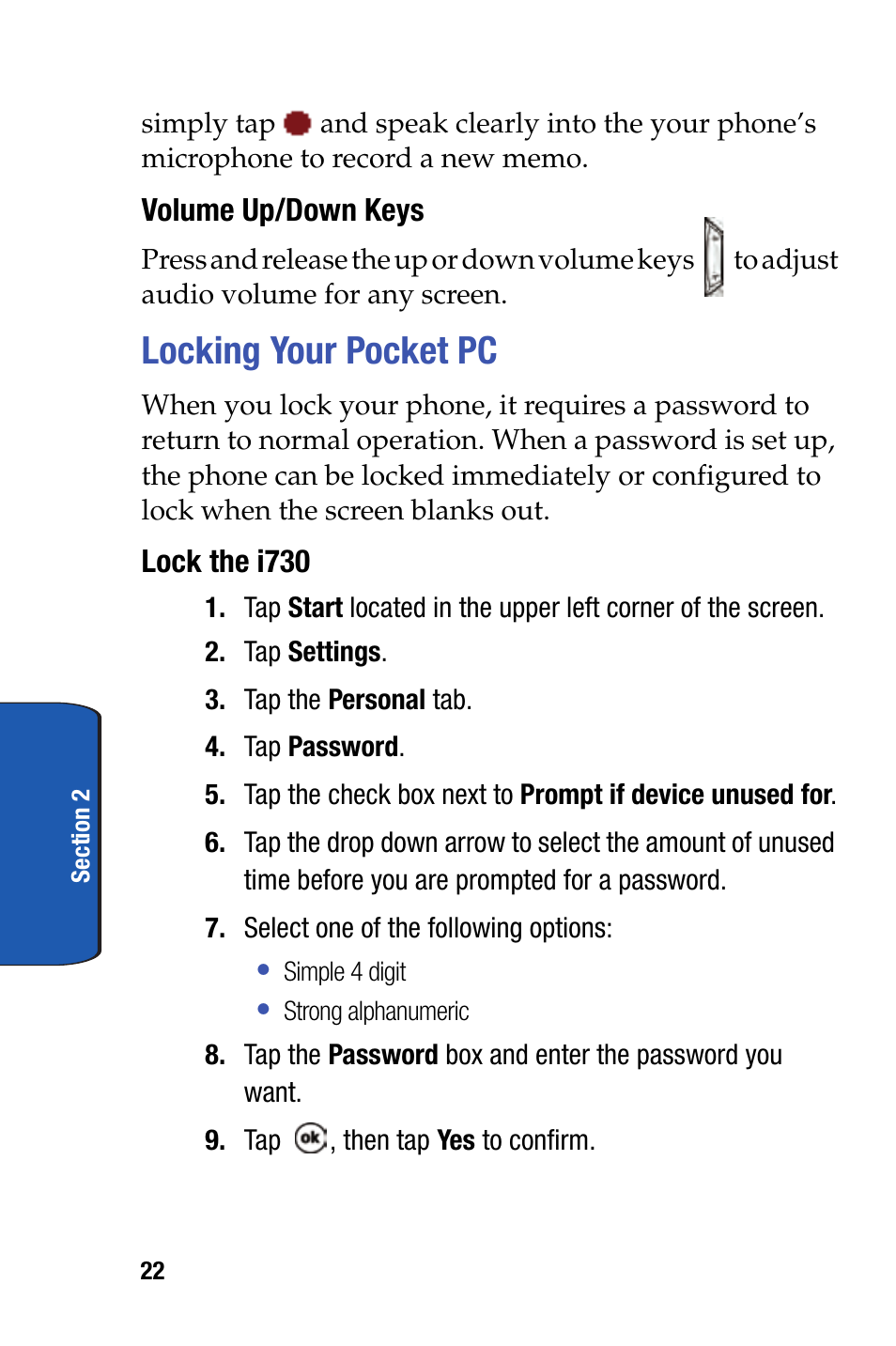 Locking your pocket pc | Samsung SCH-i730 User Manual | Page 22 / 220