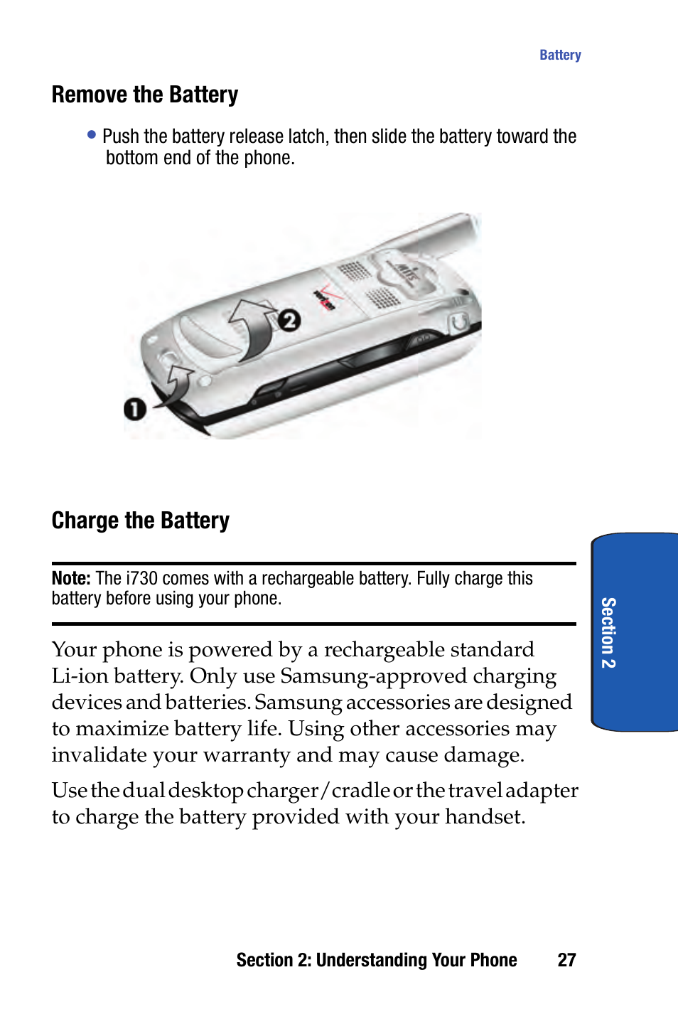 Remove the battery, Charge the battery | Samsung SCH-i730 User Manual | Page 27 / 220