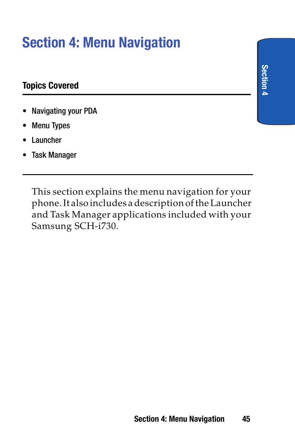 Section 4: menu navigation | Samsung SCH-i730 User Manual | Page 45 / 220