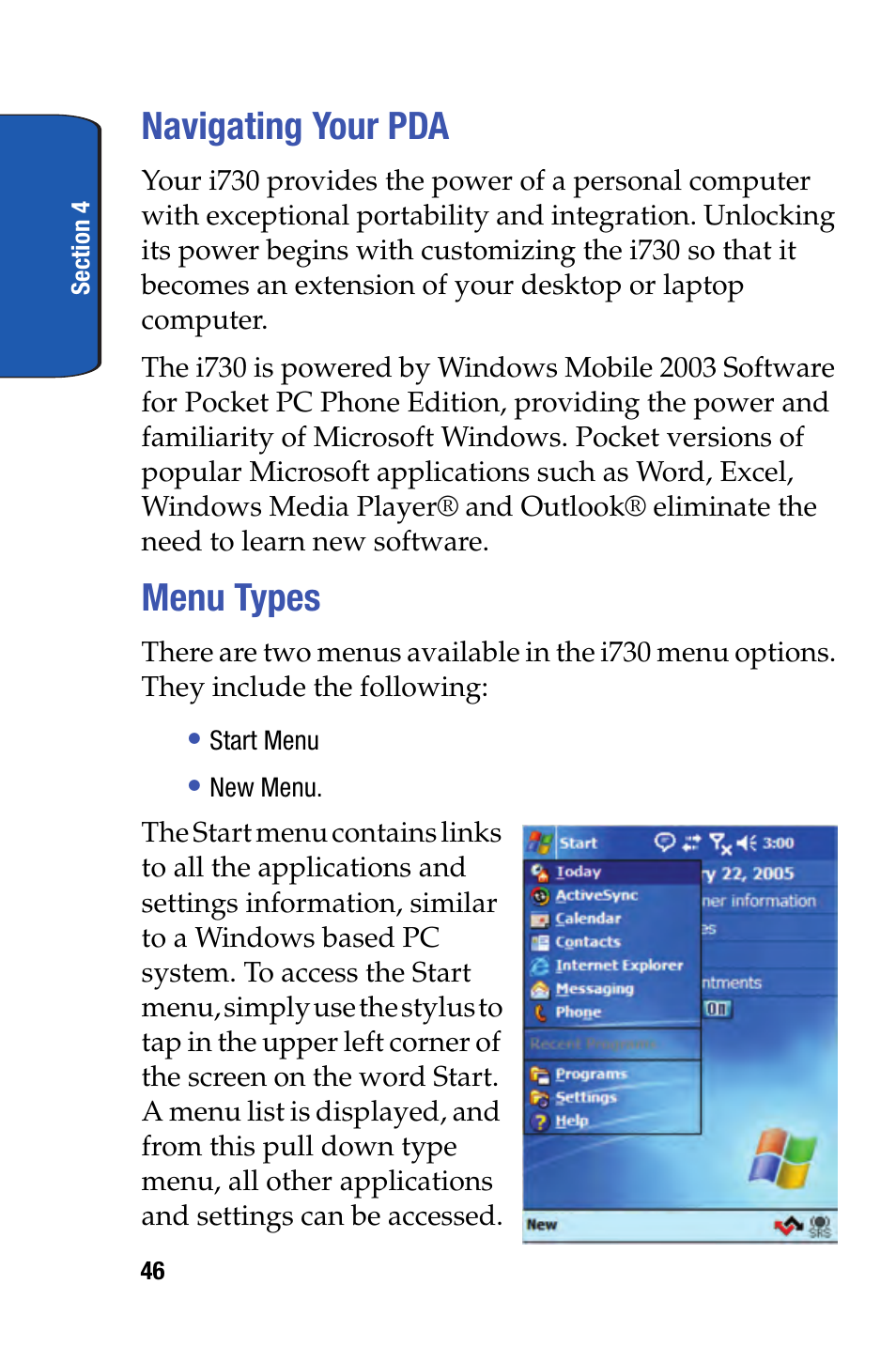 Navigating your pda, Menu types, Navigating your pda menu types | Samsung SCH-i730 User Manual | Page 46 / 220