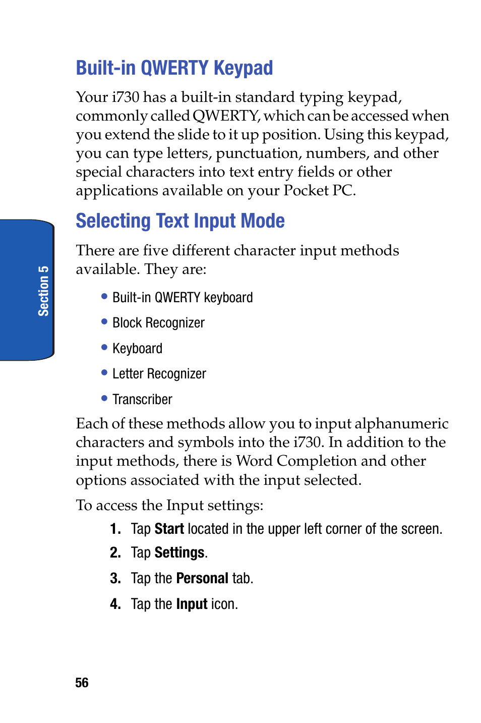 Built-in qwerty keypad, Selecting text input mode, Built-in qwerty keypad selecting text input mode | Samsung SCH-i730 User Manual | Page 56 / 220