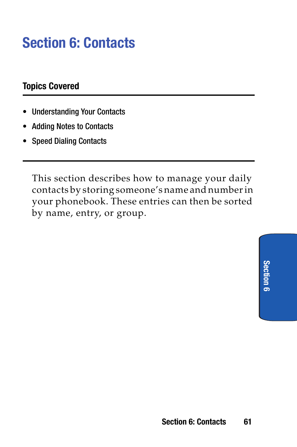 Section 6: contacts | Samsung SCH-i730 User Manual | Page 61 / 220