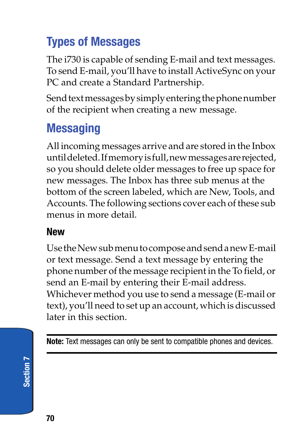 Types of messages, Messaging, Types of messages messaging | Samsung SCH-i730 User Manual | Page 70 / 220