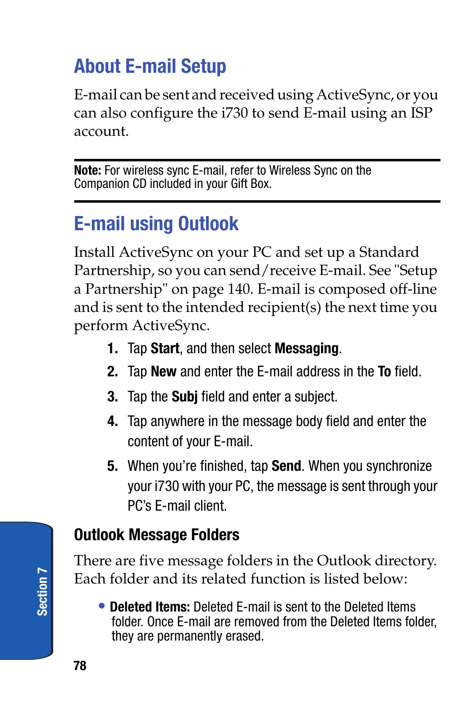 About e-mail setup, E-mail using outlook, About e-mail setup e-mail using outlook | Samsung SCH-i730 User Manual | Page 78 / 220