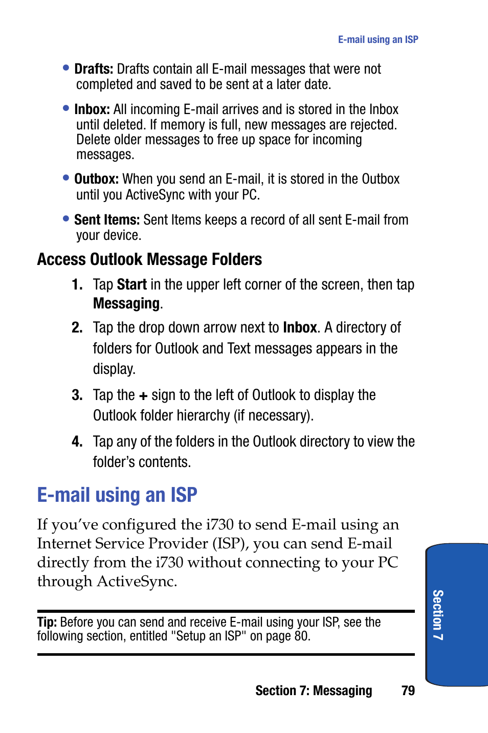 E-mail using an isp | Samsung SCH-i730 User Manual | Page 79 / 220