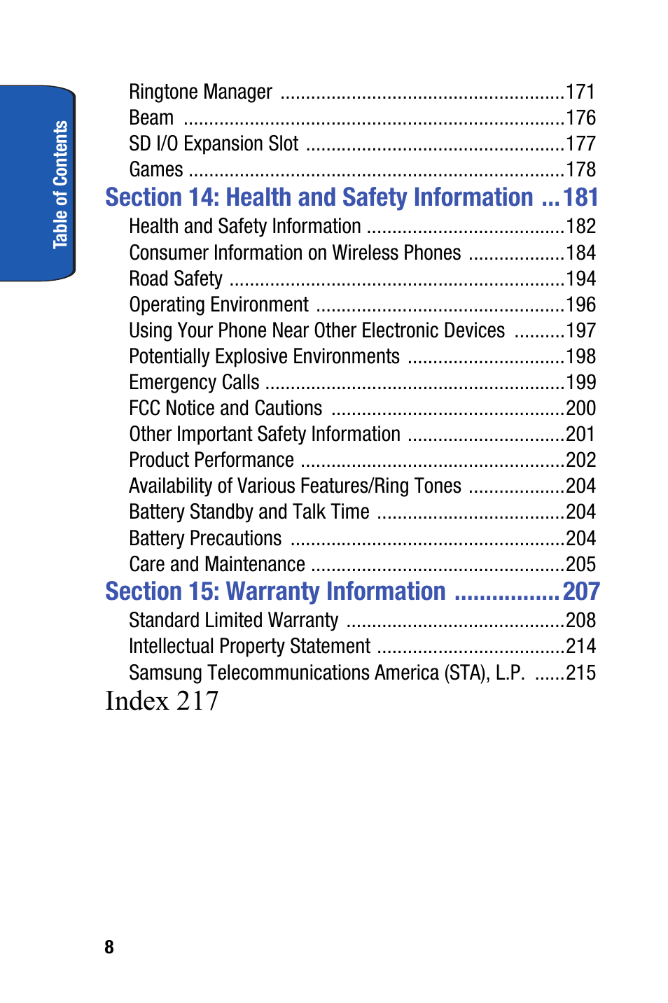Index 217 | Samsung SCH-i730 User Manual | Page 8 / 220