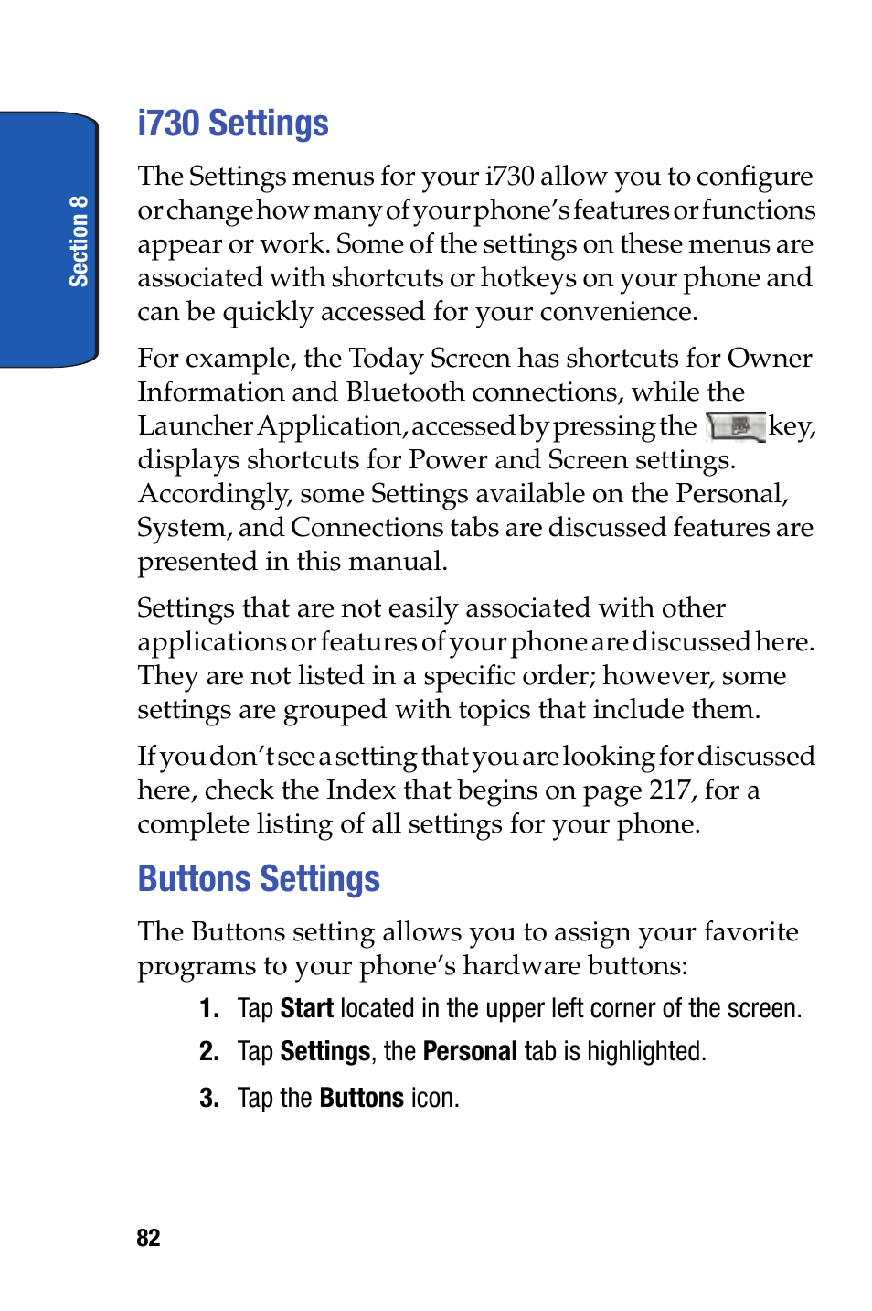 I730 settings, Buttons settings, I730 settings buttons settings | Samsung SCH-i730 User Manual | Page 82 / 220