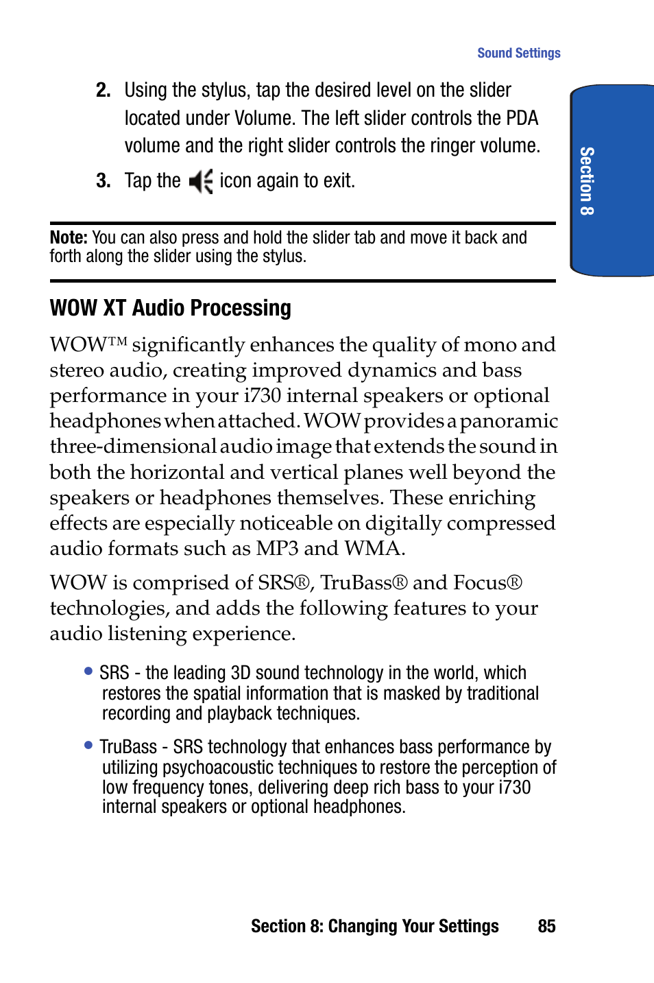 Wow xt audio processing | Samsung SCH-i730 User Manual | Page 85 / 220