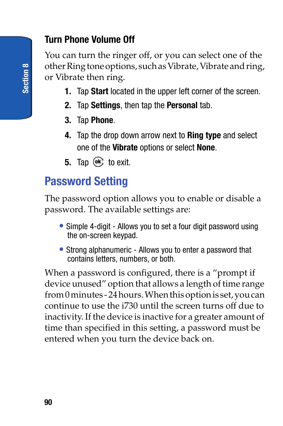 Password setting | Samsung SCH-i730 User Manual | Page 90 / 220
