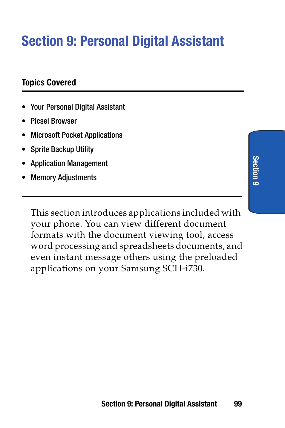 Section 9: personal digital assistant | Samsung SCH-i730 User Manual | Page 99 / 220