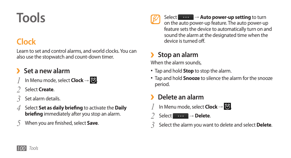 Tools, Clock | Samsung Wave GT-S8500T User Manual | Page 101 / 138