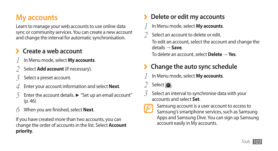 My accounts | Samsung Wave GT-S8500T User Manual | Page 104 / 138