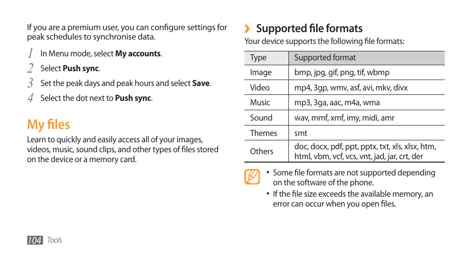 My files, Supported file formats | Samsung Wave GT-S8500T User Manual | Page 105 / 138
