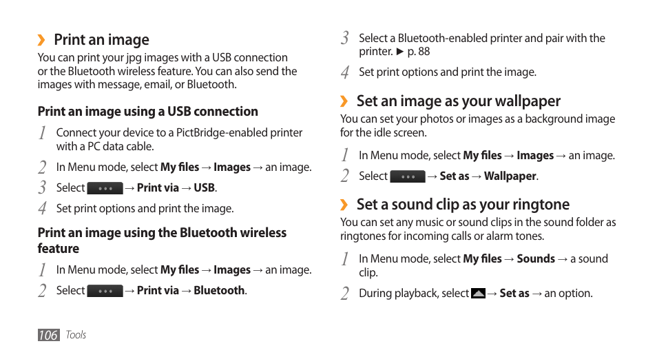 Set an image as your wallpaper, Set a sound clip as your ringtone, Print an image | Samsung Wave GT-S8500T User Manual | Page 107 / 138