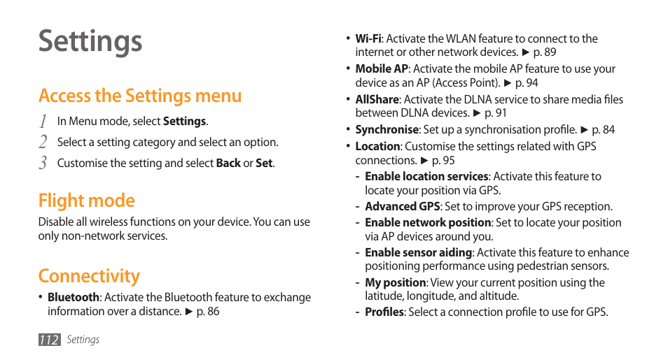 Settings, Access the settings menu, Flight mode | Connectivity, Access the settings menu flight mode connectivity | Samsung Wave GT-S8500T User Manual | Page 113 / 138