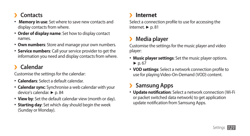 Internet, Media player, Samsung apps | Contacts, Calendar | Samsung Wave GT-S8500T User Manual | Page 122 / 138