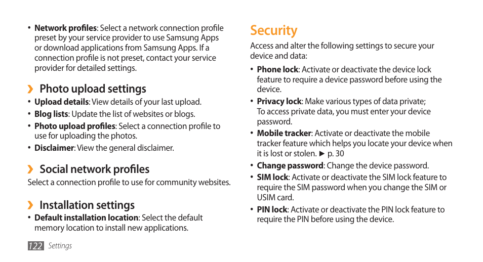Security, Photo upload settings, Social network profiles | Installation settings | Samsung Wave GT-S8500T User Manual | Page 123 / 138