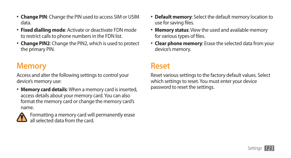 Memory, Reset, Memory reset | Samsung Wave GT-S8500T User Manual | Page 124 / 138