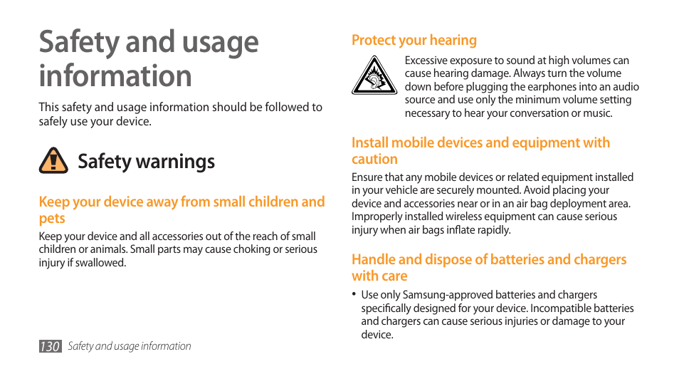 Safety and usage information, Safety warnings | Samsung Wave GT-S8500T User Manual | Page 131 / 138