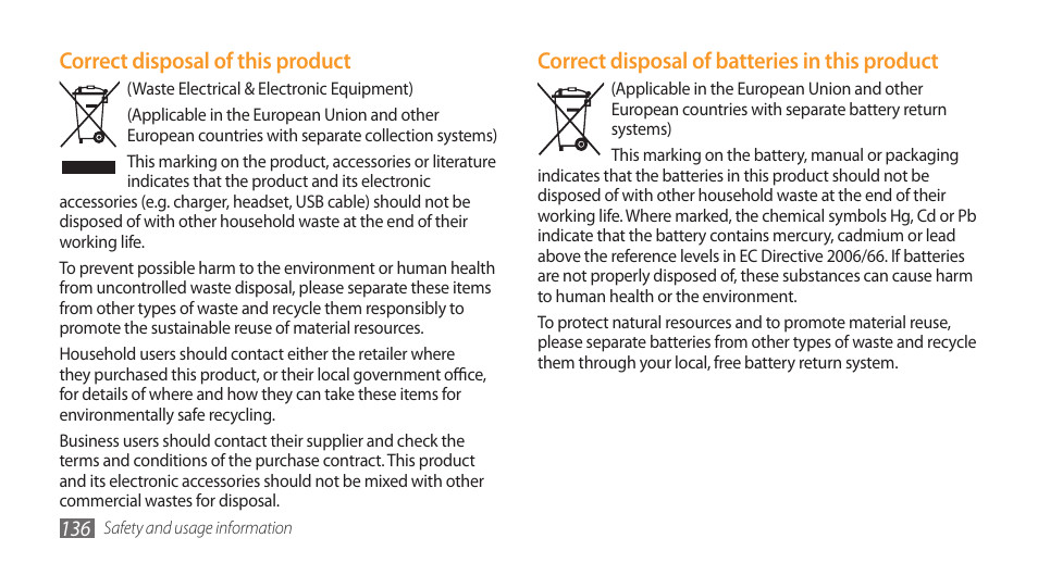 Correct disposal of batteries in this product, Correct disposal of this product | Samsung Wave GT-S8500T User Manual | Page 137 / 138