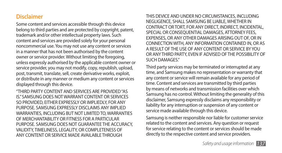Disclaimer | Samsung Wave GT-S8500T User Manual | Page 138 / 138