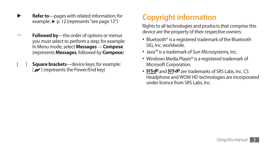 Copyright information | Samsung Wave GT-S8500T User Manual | Page 4 / 138