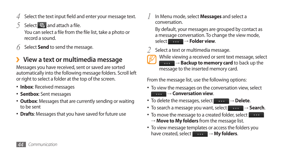 View a text or multimedia message | Samsung Wave GT-S8500T User Manual | Page 45 / 138