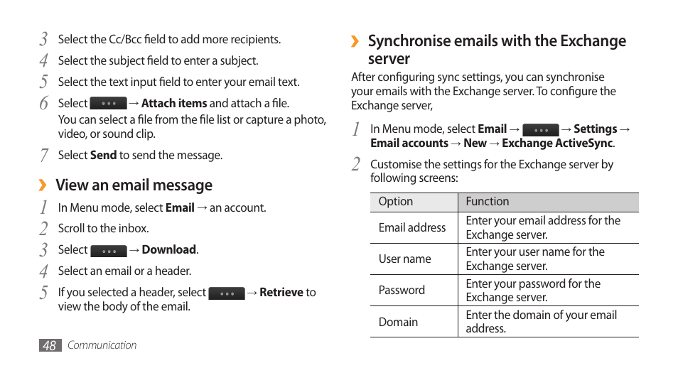 Synchronise emails with the exchange server, View an email message | Samsung Wave GT-S8500T User Manual | Page 49 / 138