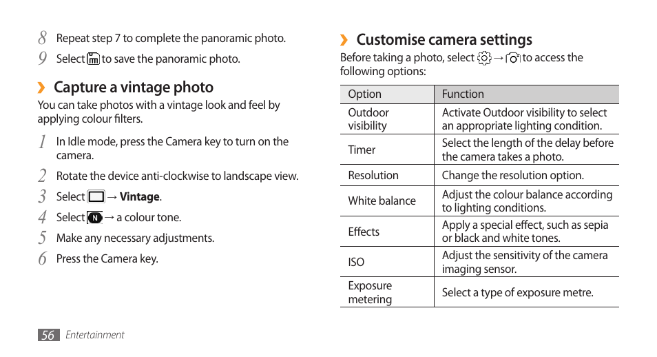 Customise camera settings, Capture a vintage photo | Samsung Wave GT-S8500T User Manual | Page 57 / 138