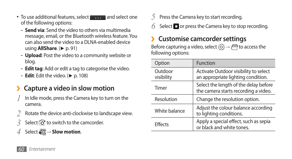 Customise camcorder settings, Capture a video in slow motion | Samsung Wave GT-S8500T User Manual | Page 61 / 138