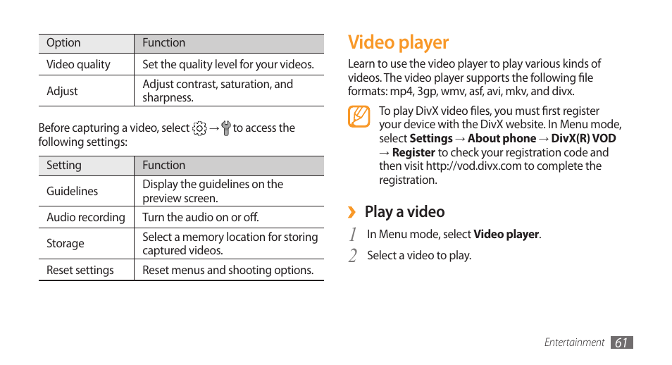 Video player, Play a video | Samsung Wave GT-S8500T User Manual | Page 62 / 138