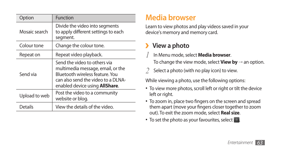 Media browser, View a photo | Samsung Wave GT-S8500T User Manual | Page 64 / 138