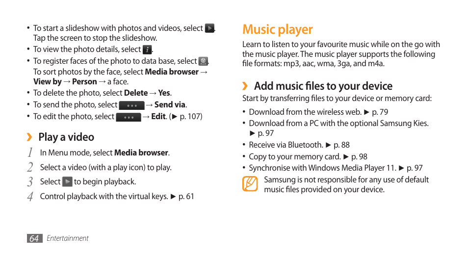 Music player, Add music files to your device, Play a video | Samsung Wave GT-S8500T User Manual | Page 65 / 138