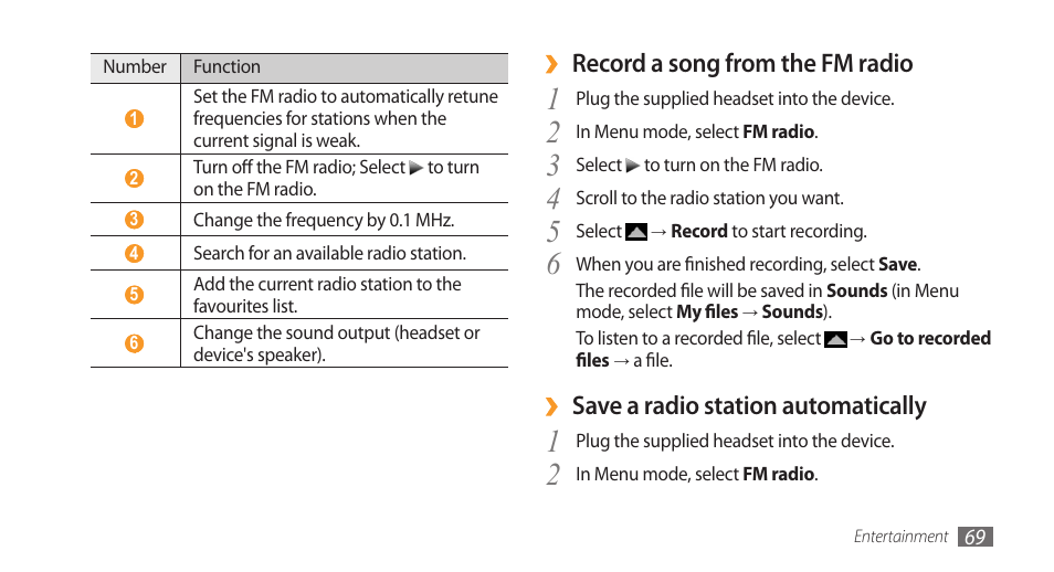 Record a song from the fm radio, Save a radio station automatically | Samsung Wave GT-S8500T User Manual | Page 70 / 138
