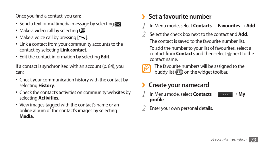 Set a favourite number, Create your namecard | Samsung Wave GT-S8500T User Manual | Page 74 / 138