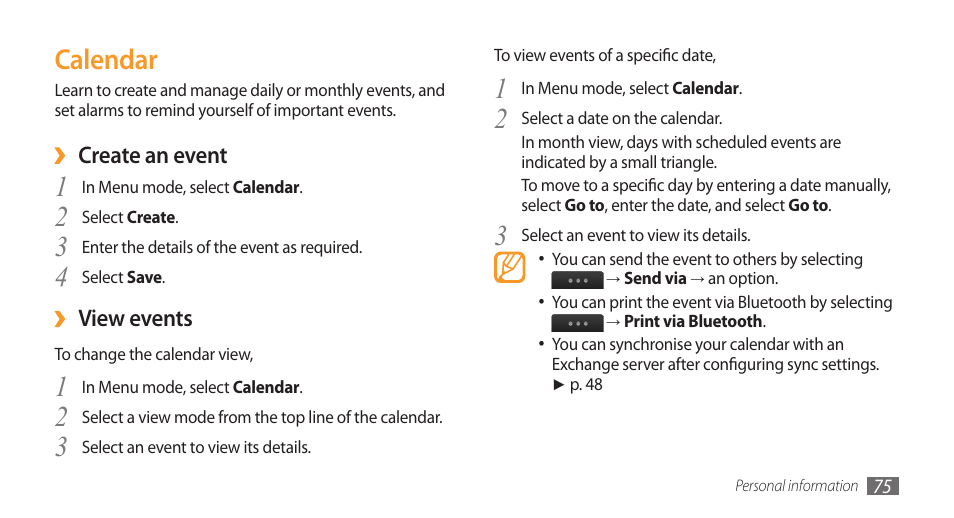 Calendar | Samsung Wave GT-S8500T User Manual | Page 76 / 138