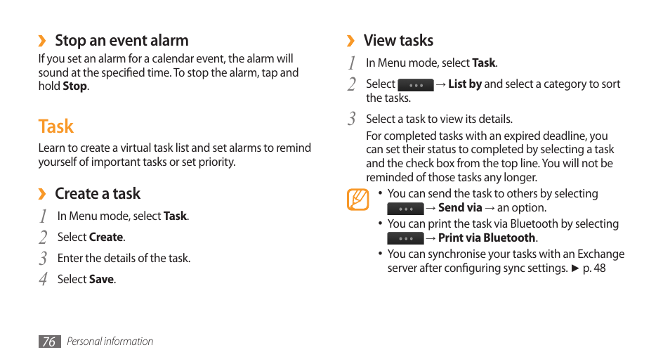 Task | Samsung Wave GT-S8500T User Manual | Page 77 / 138