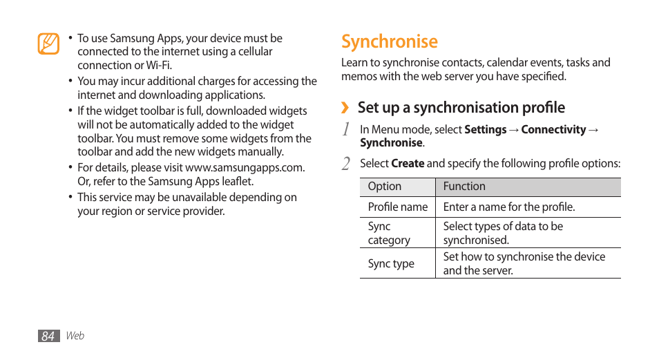 Synchronise, Set up a synchronisation profile | Samsung Wave GT-S8500T User Manual | Page 85 / 138