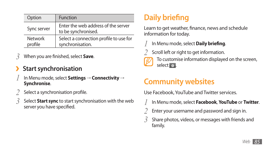Daily briefing, Community websites, Daily briefing community websites | Samsung Wave GT-S8500T User Manual | Page 86 / 138